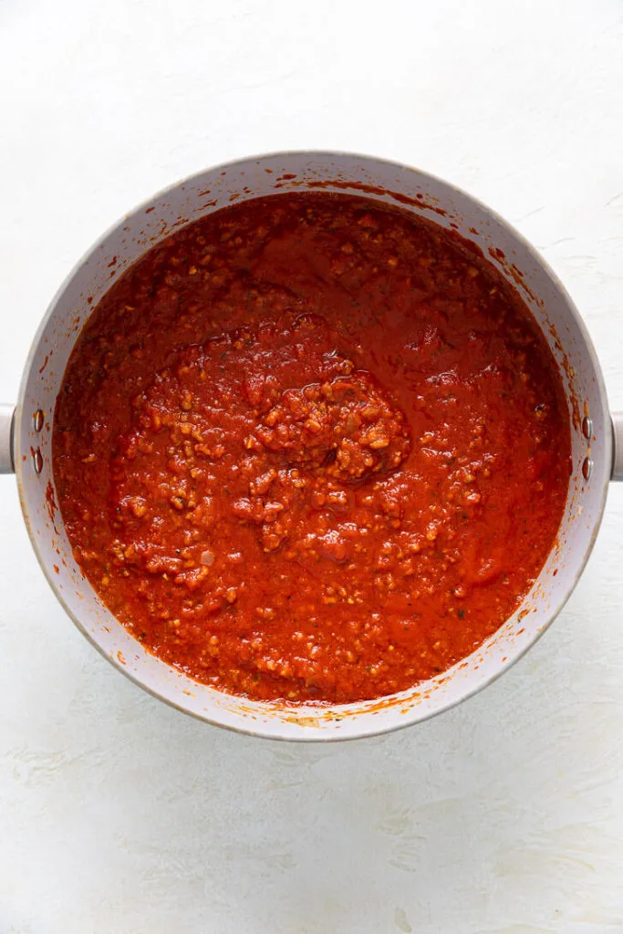 Meat sauce in a pan.