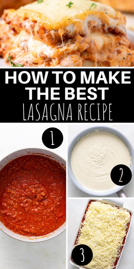 Collage showing how to make lasagna.