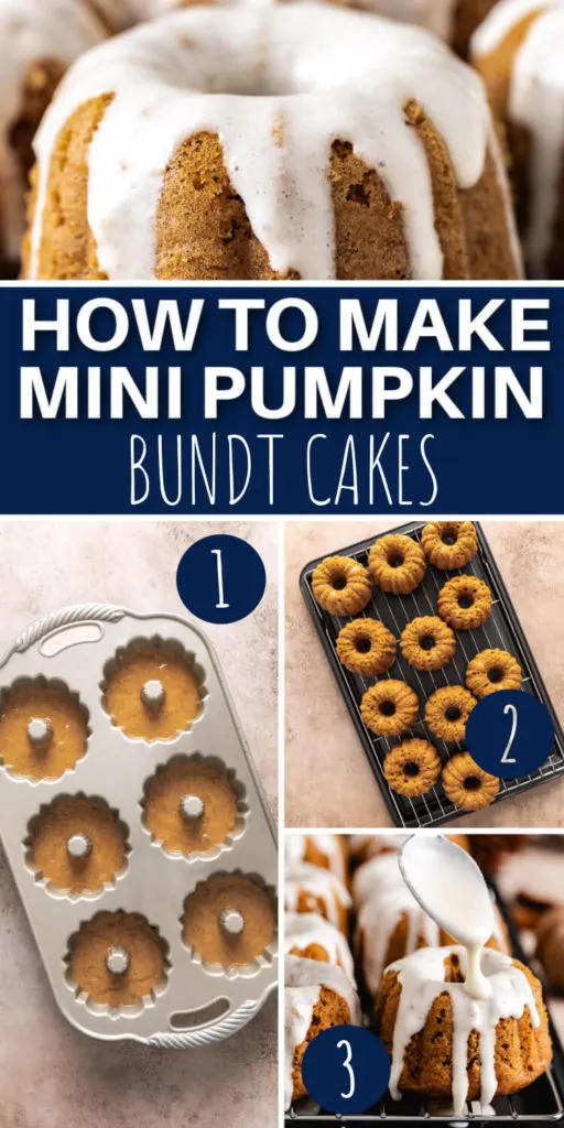Collage showing how to make mini pumpkin spice bundt cakes.