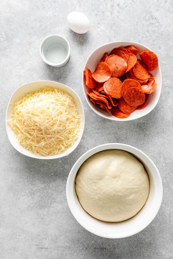 Ingredients needed to make pepperoni rolls.