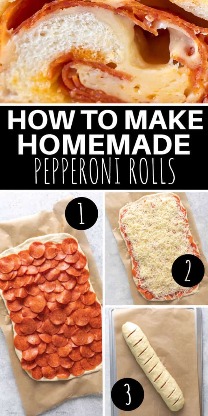 Collage showing how to make pepperoni rolls.