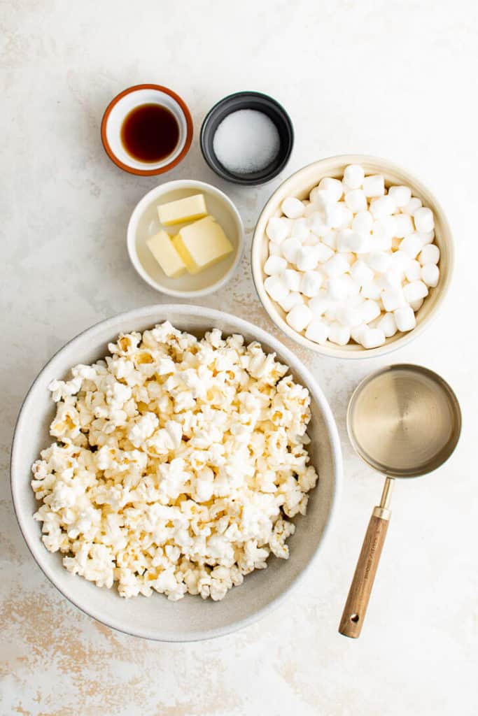 Ingredients needed to make popcorn candy balls.