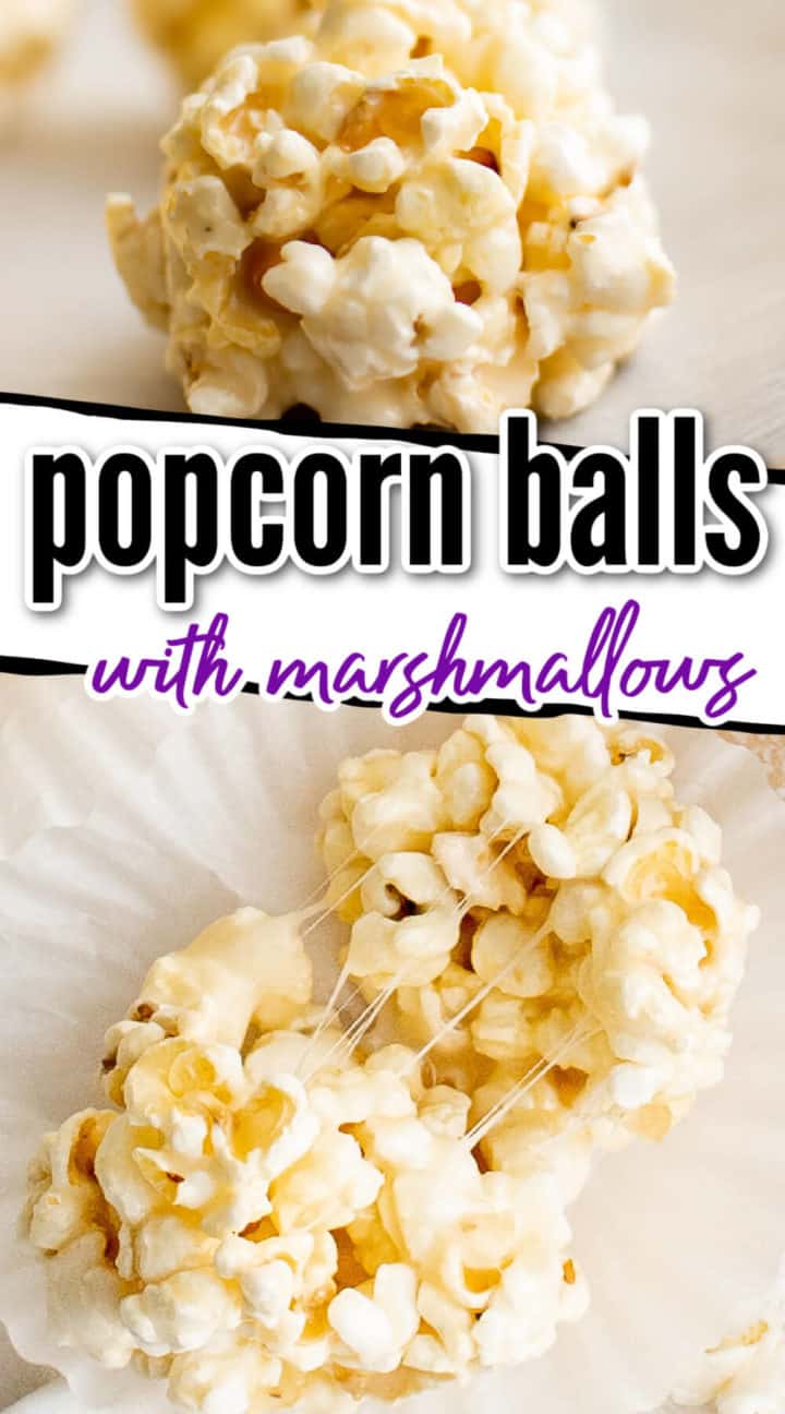 Two photos of popcorn marshmallow balls in a collage.