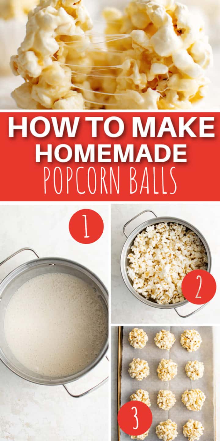 Collage showing how to make popcorn balls.