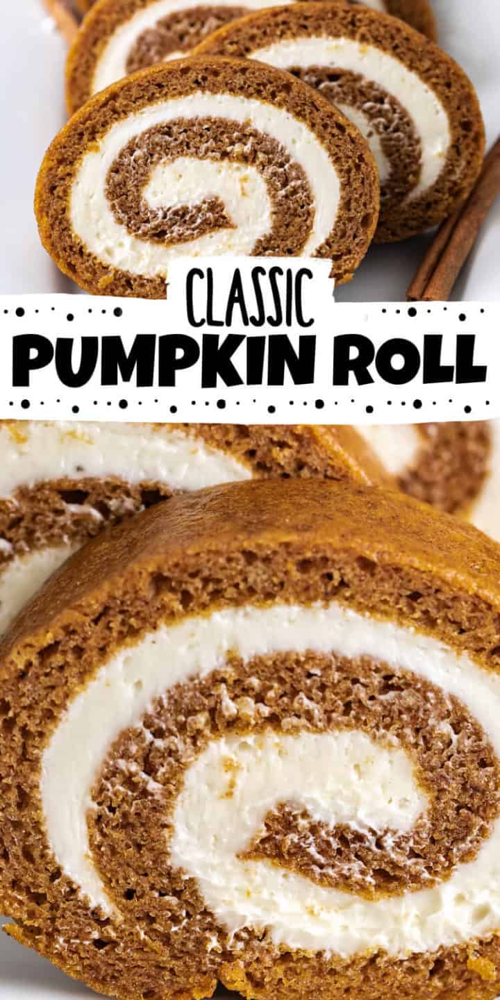 Collage showing two photos of pumpkin roll with cream cheese.