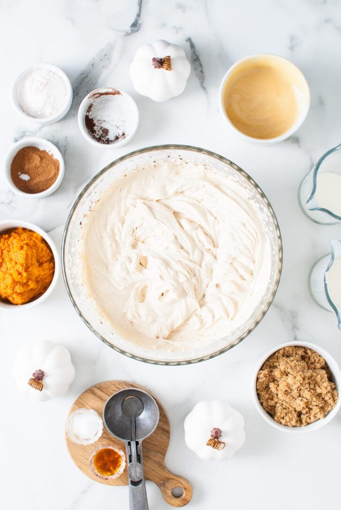 Pumpkin spice latte ice cream base in a bowl.