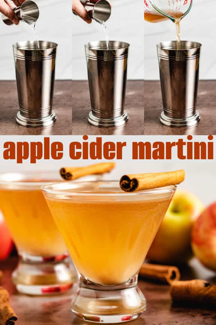 Collage showing how to make an apple cider martini.
