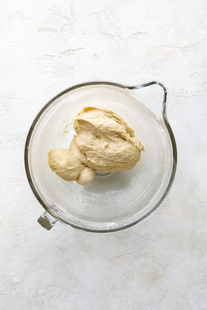 Dough in a mixing bowl.