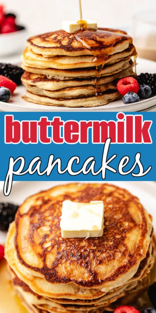Two pictures of buttermilk pancakes in a collage.