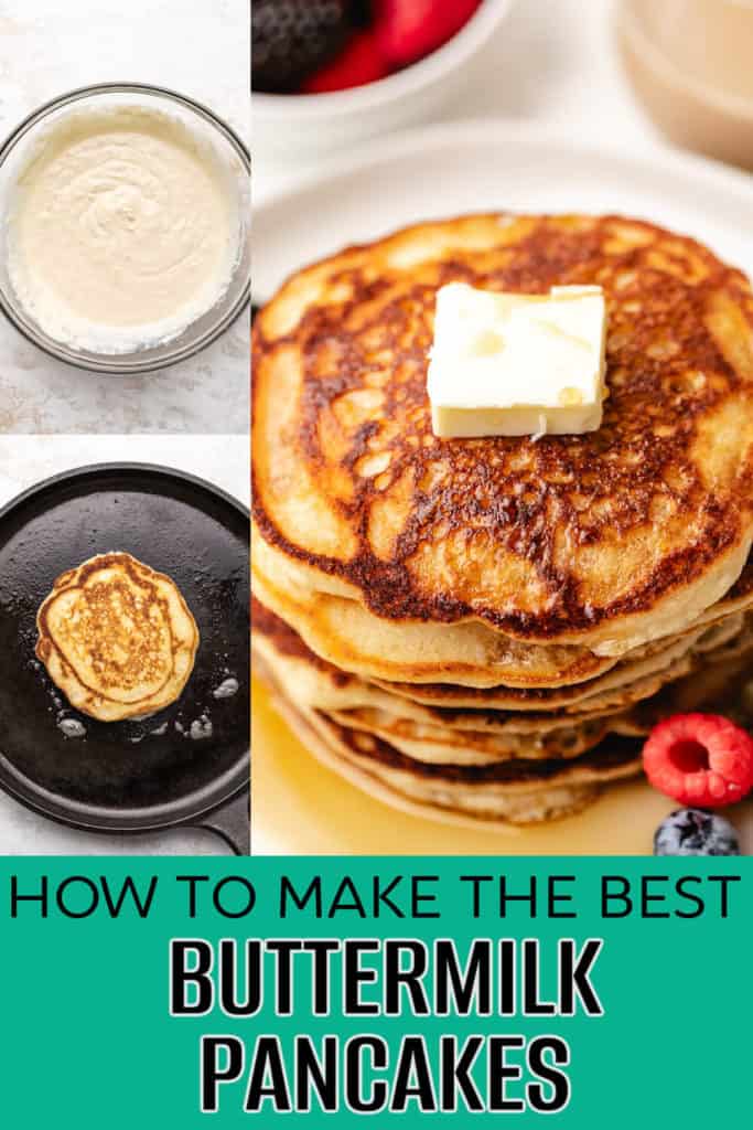 Collage showing how to make buttermilk pancakes.