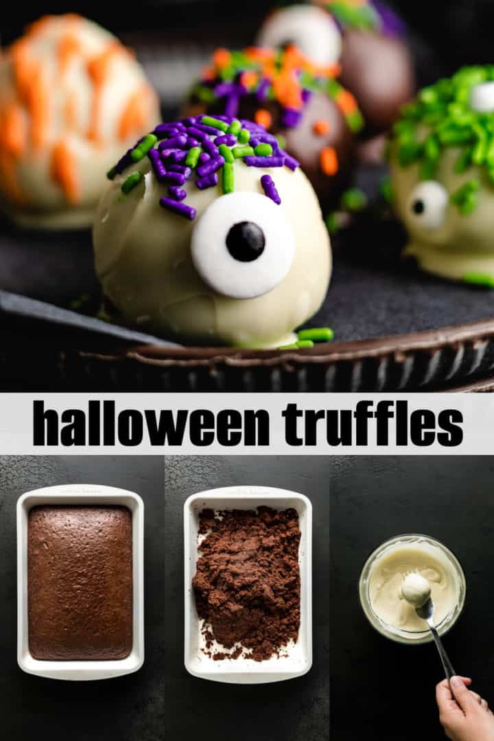 Collage showing how to make halloween truffles.