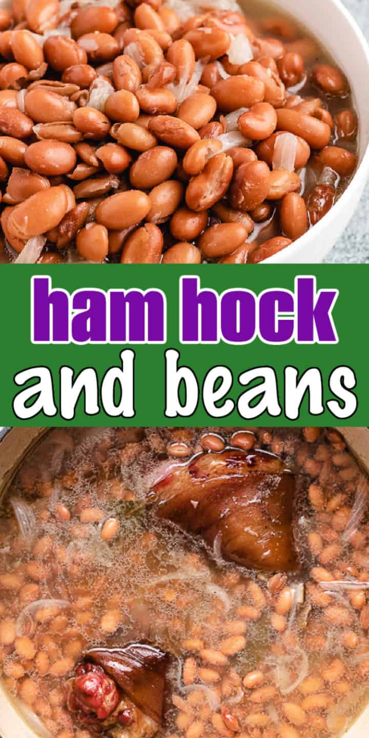 Two pictures of ham and beans in a collage.