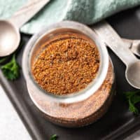 Top down view of meatloaf spice in a jar.