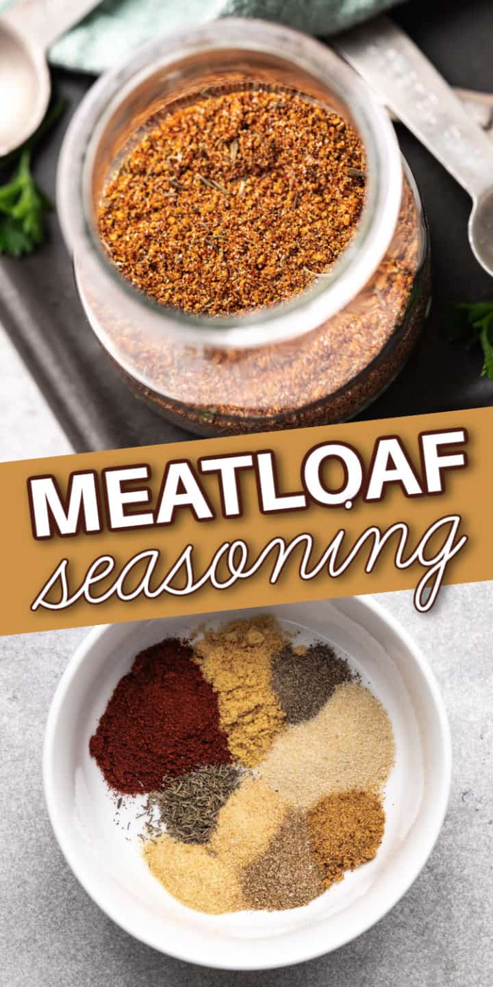 Two photos of homemade meatloaf seasoning in a collage.