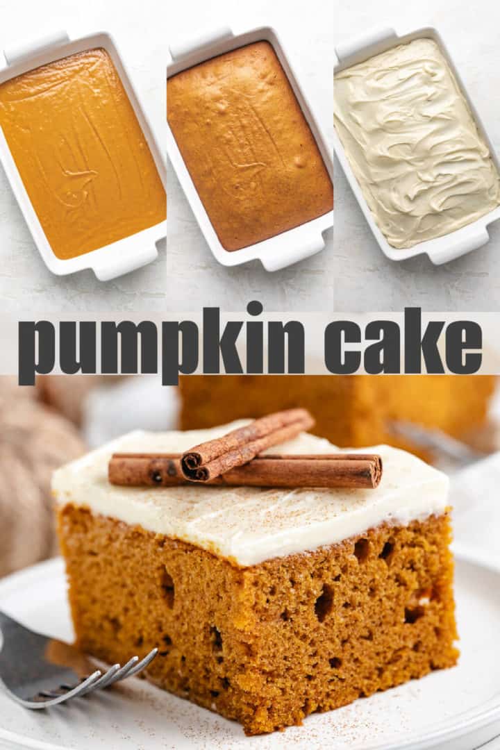 Collage showing how to make pumpkin cake.