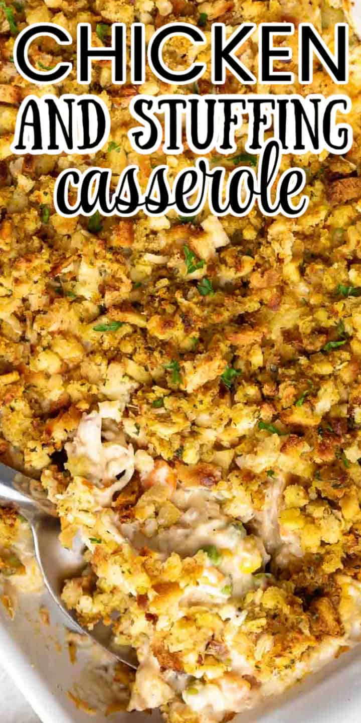 Top down view of a spoon in a pan of casserole.