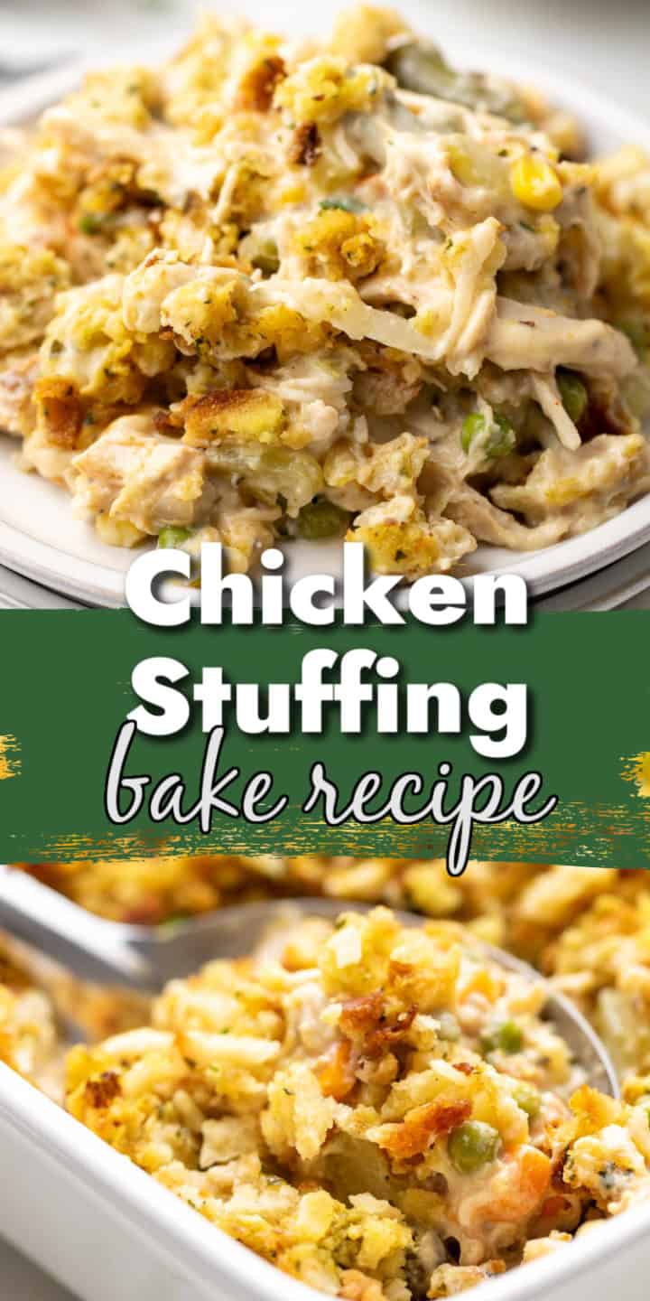 Two photos of chicken stuffing in a collage.