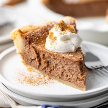 Close up photo of a slice of cinnamon pie.