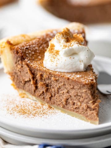 Close up photo of a slice of cinnamon pie.