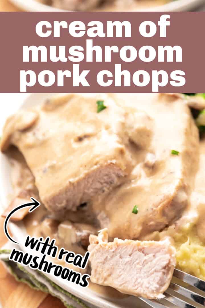 Bite of a mushroom pork chop on a fork.