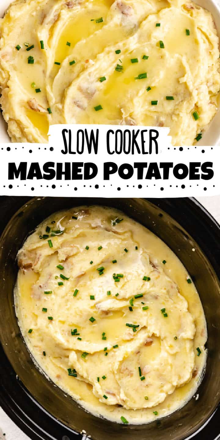 Two photos of slow cooker mashed potatoes in a collage.