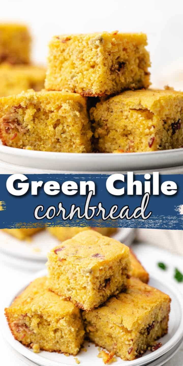 Two photos of cornbread in a collage.