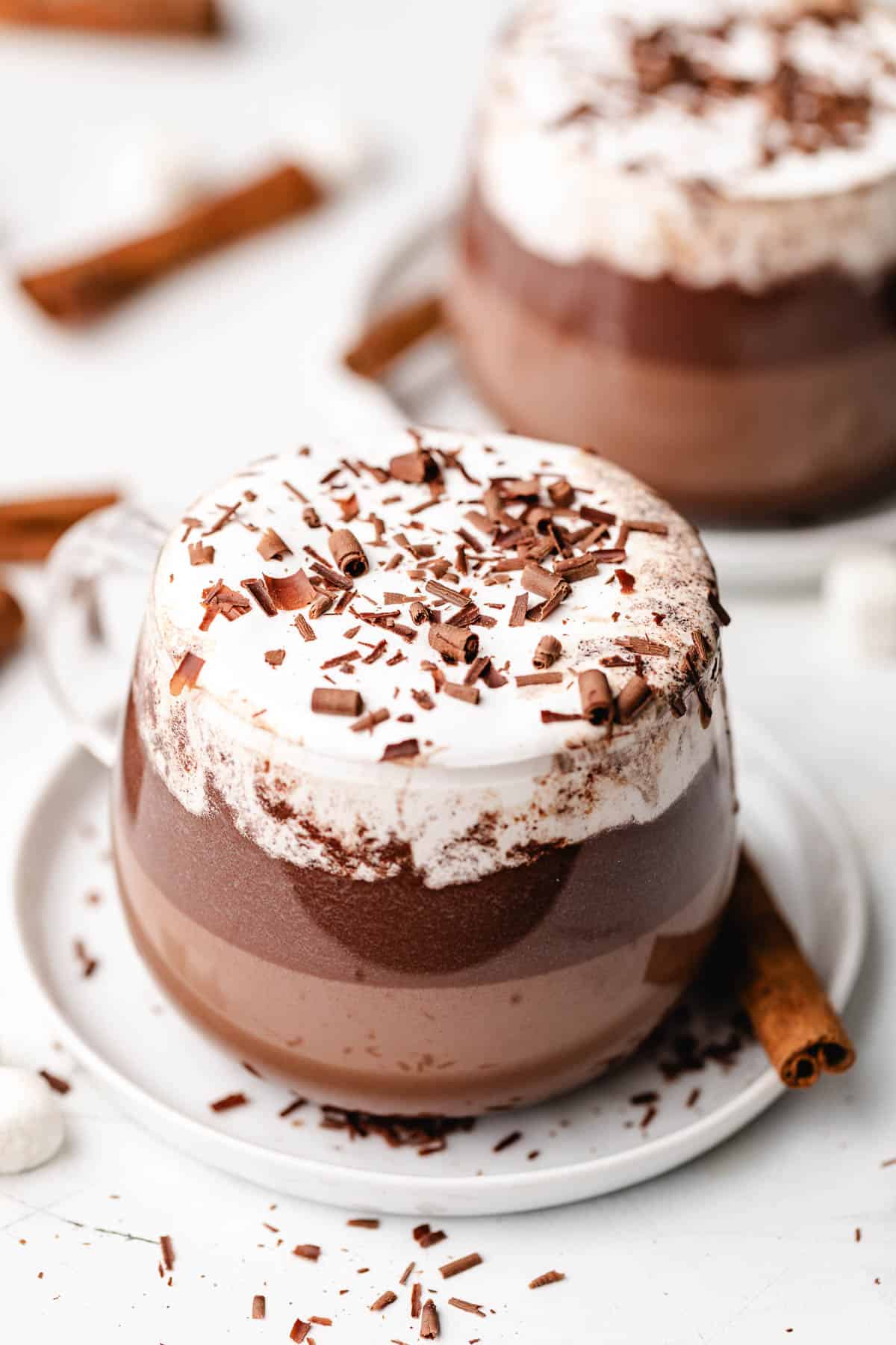 Chocolate shavings on top of a mug of hot chocolate.
