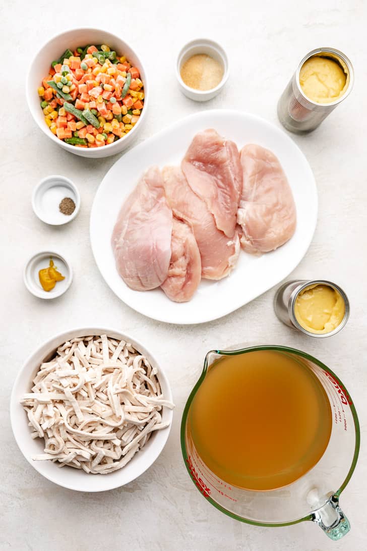 Ingredients used in crock pot chicken and noodles.