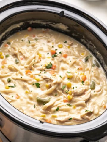 Close up view of chicken, noodles and vegetables in a slow cooker.