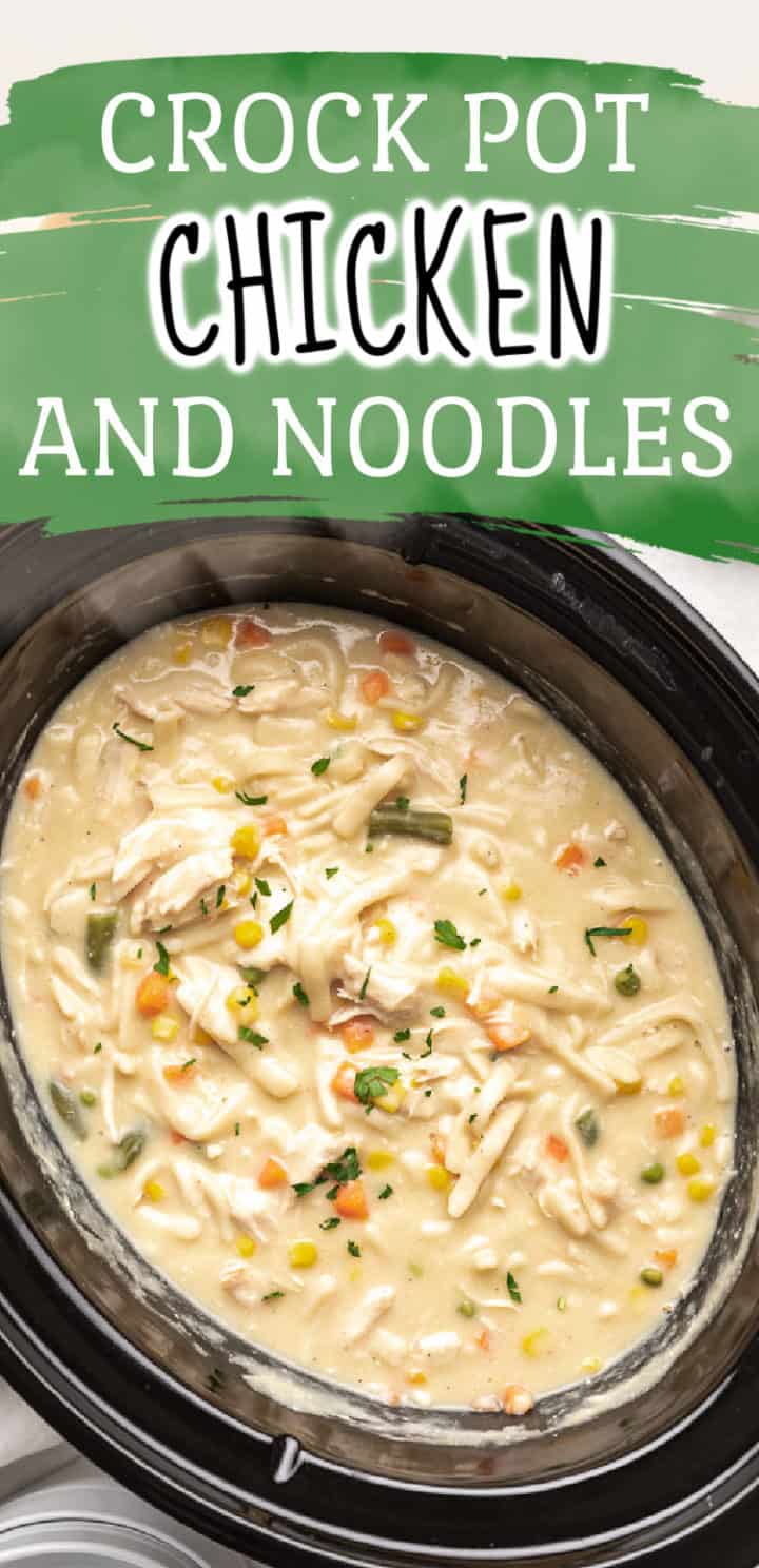 Top down view of chicken with egg noodles in a crockpot.