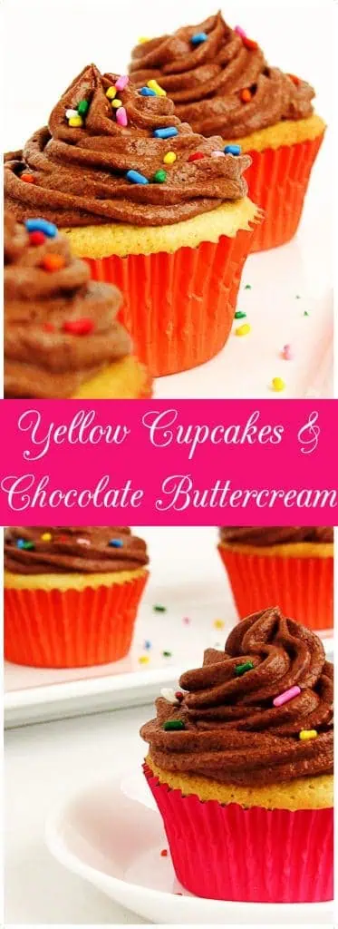 Two photos of yellow cupcakes with chocolate frosting in a collage.
