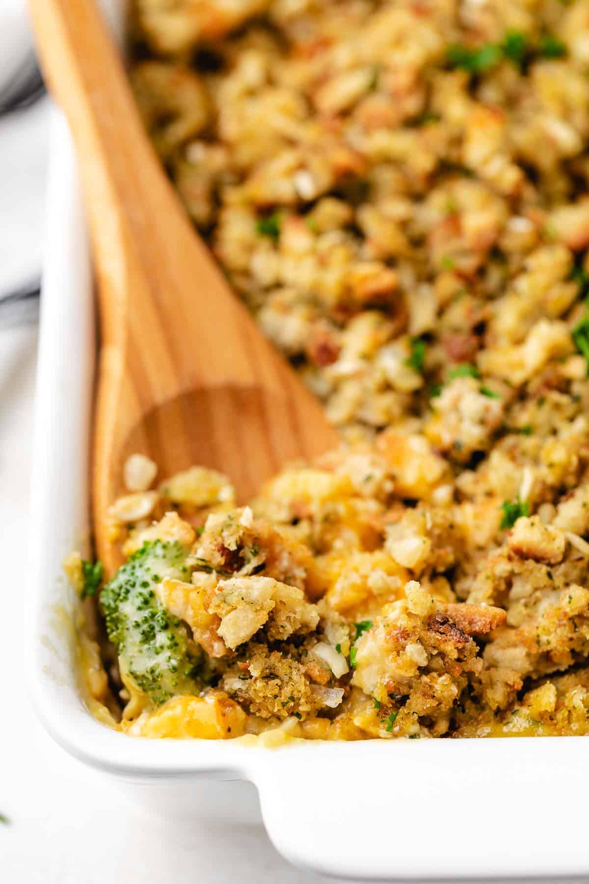 Pan of broccoli and chicken stuffing casserole.