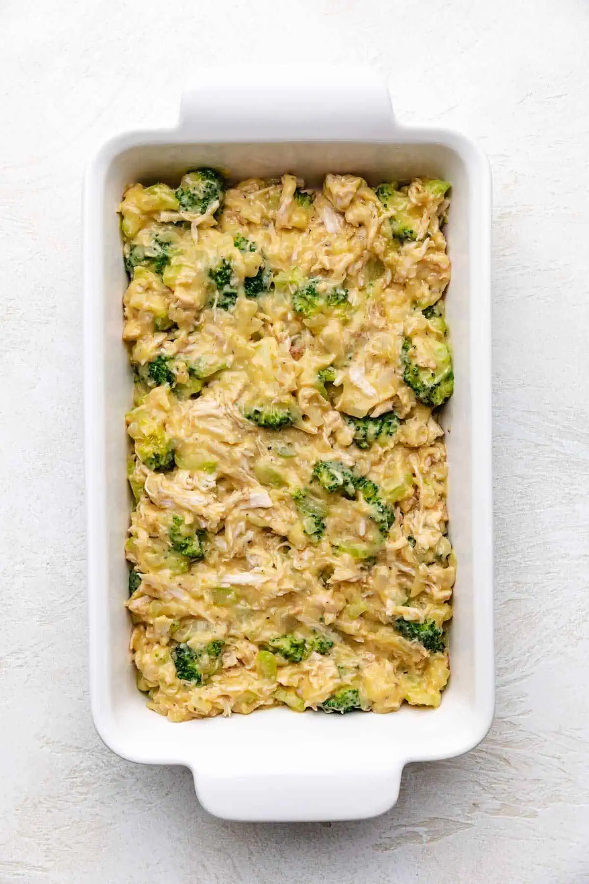 Chicken and broccoli filling in a casserole dish.