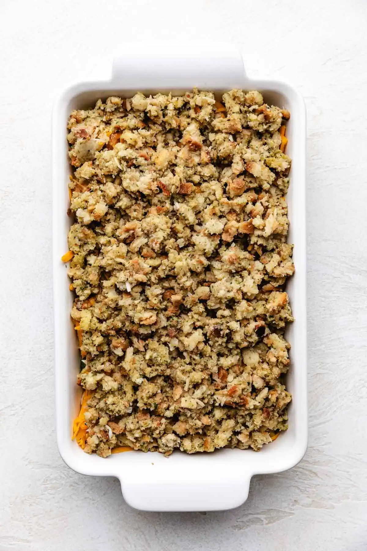 Stuffing mix sprinkled over casserole filling.