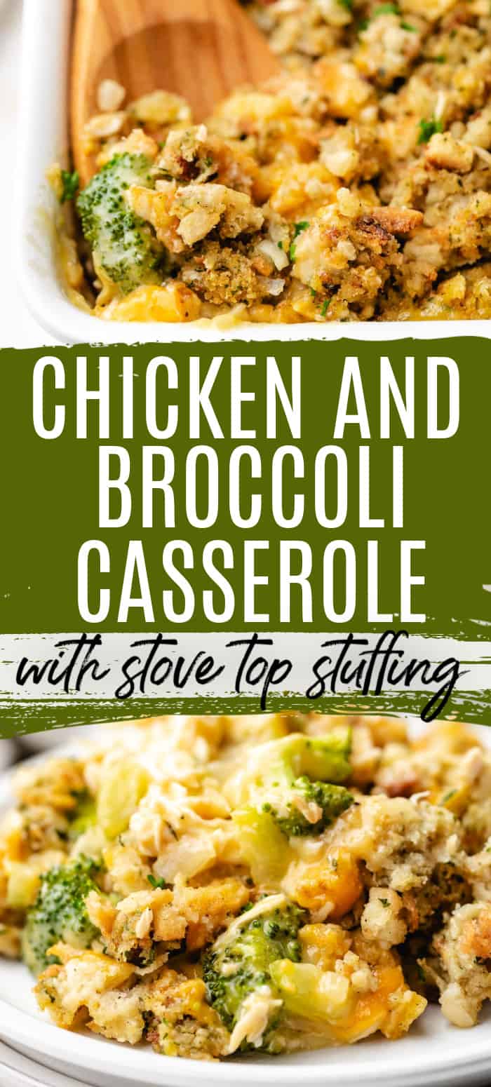 Two pictures of chicken and broccoli stuffing bake in a collage.