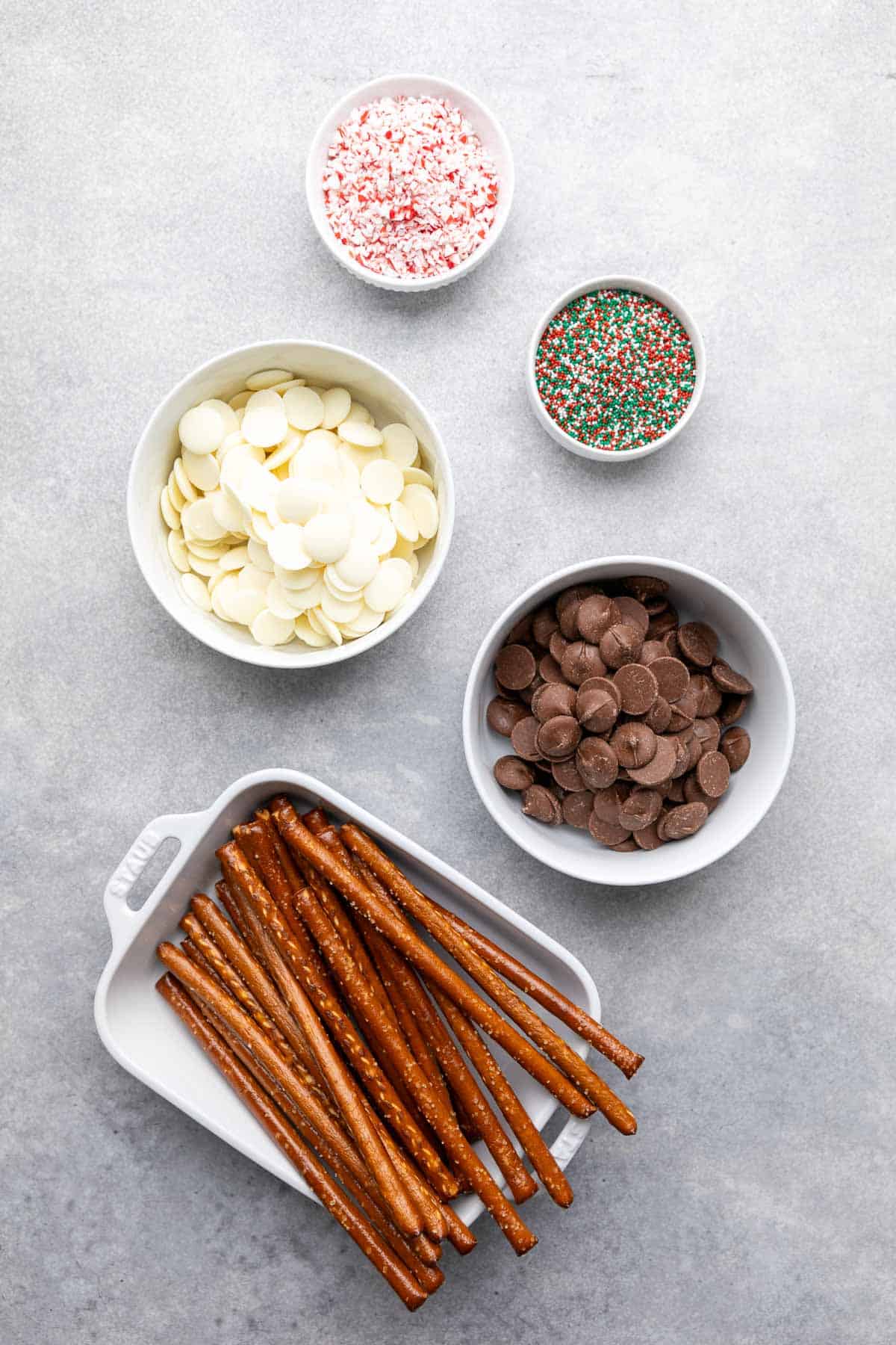 Ingredients needed for chocolate dipped pretzel rods.
