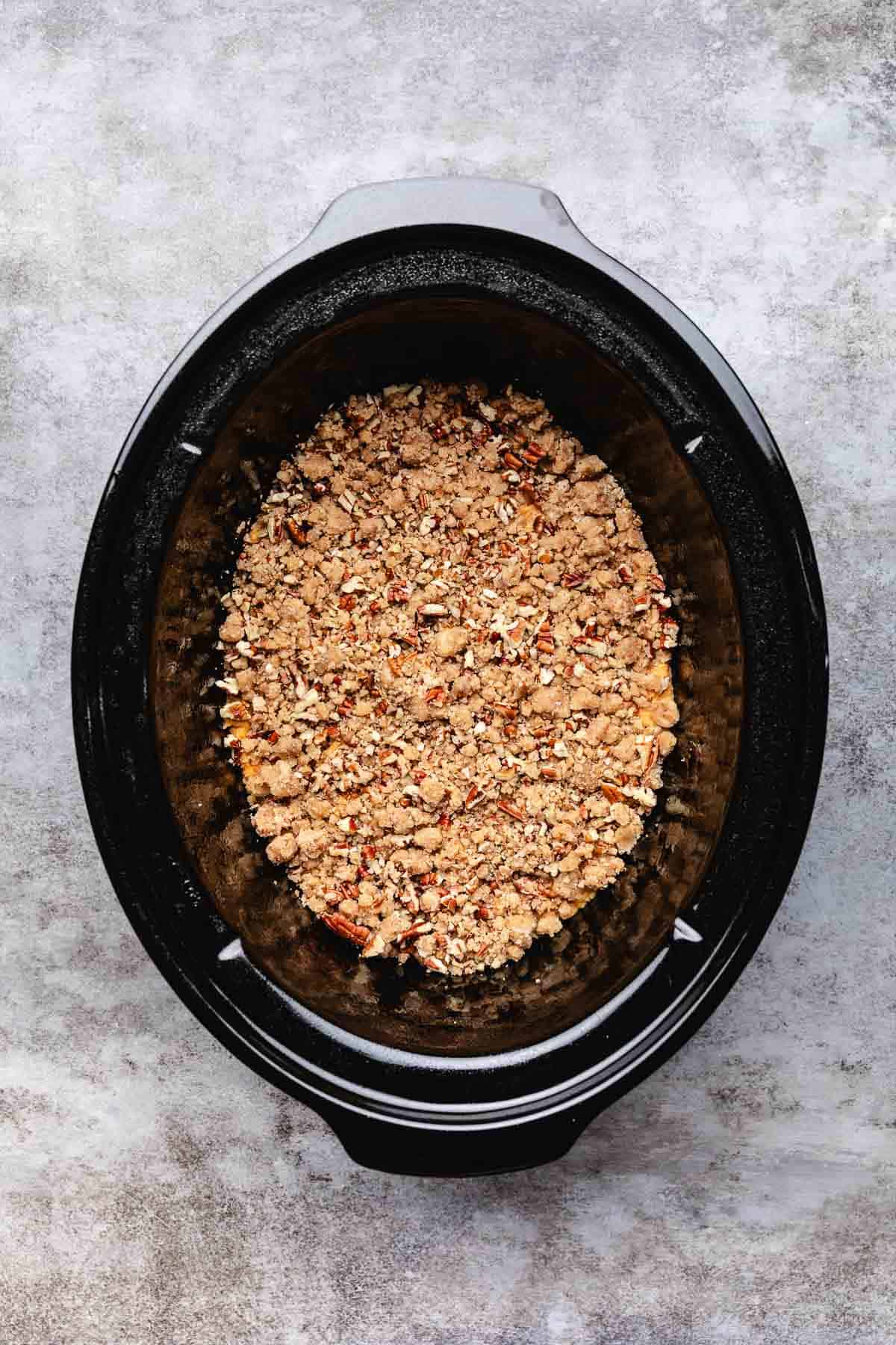 Pecan streusel sprinkled over sweet potato filling.
