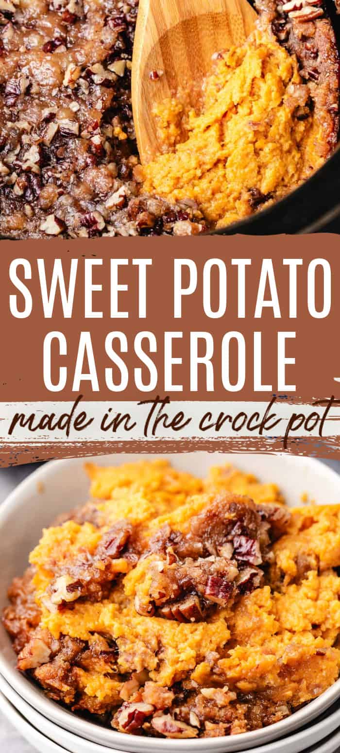 Two photos of sweet potato casserole in a collage.