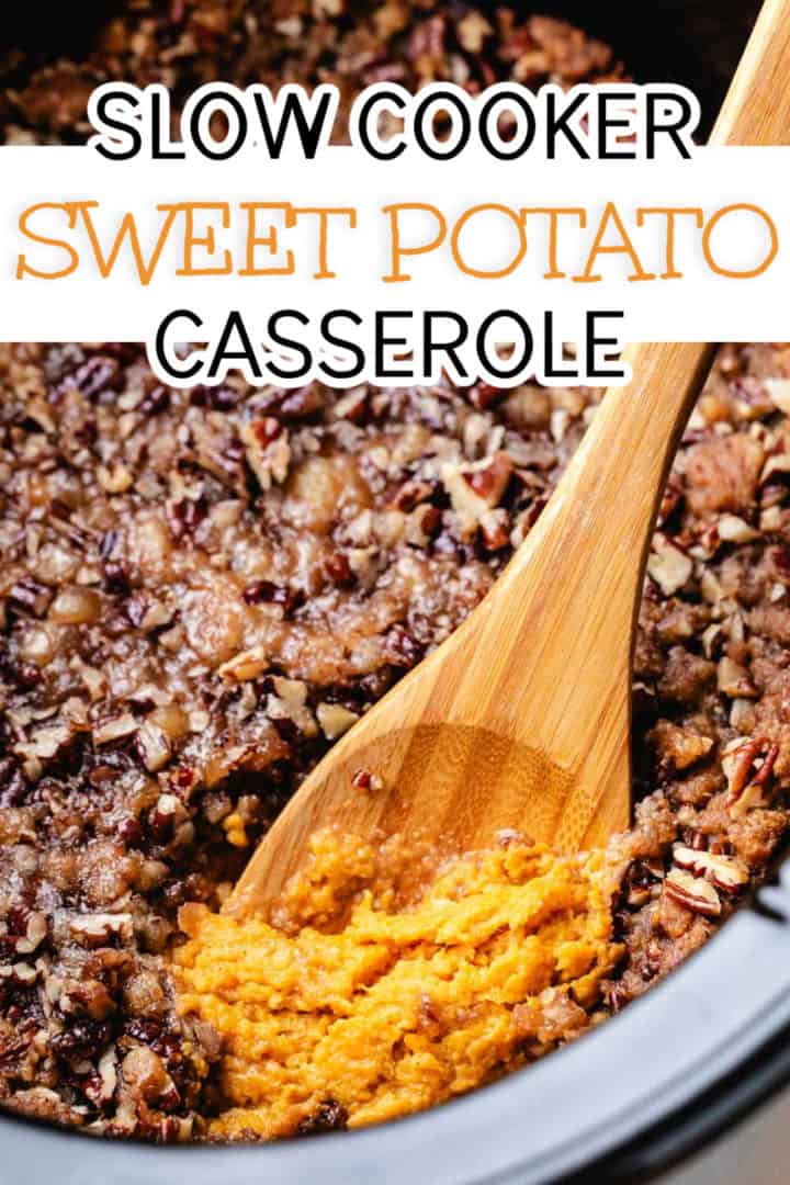 Close up view of a crock pot filled with sweet potato casserole.