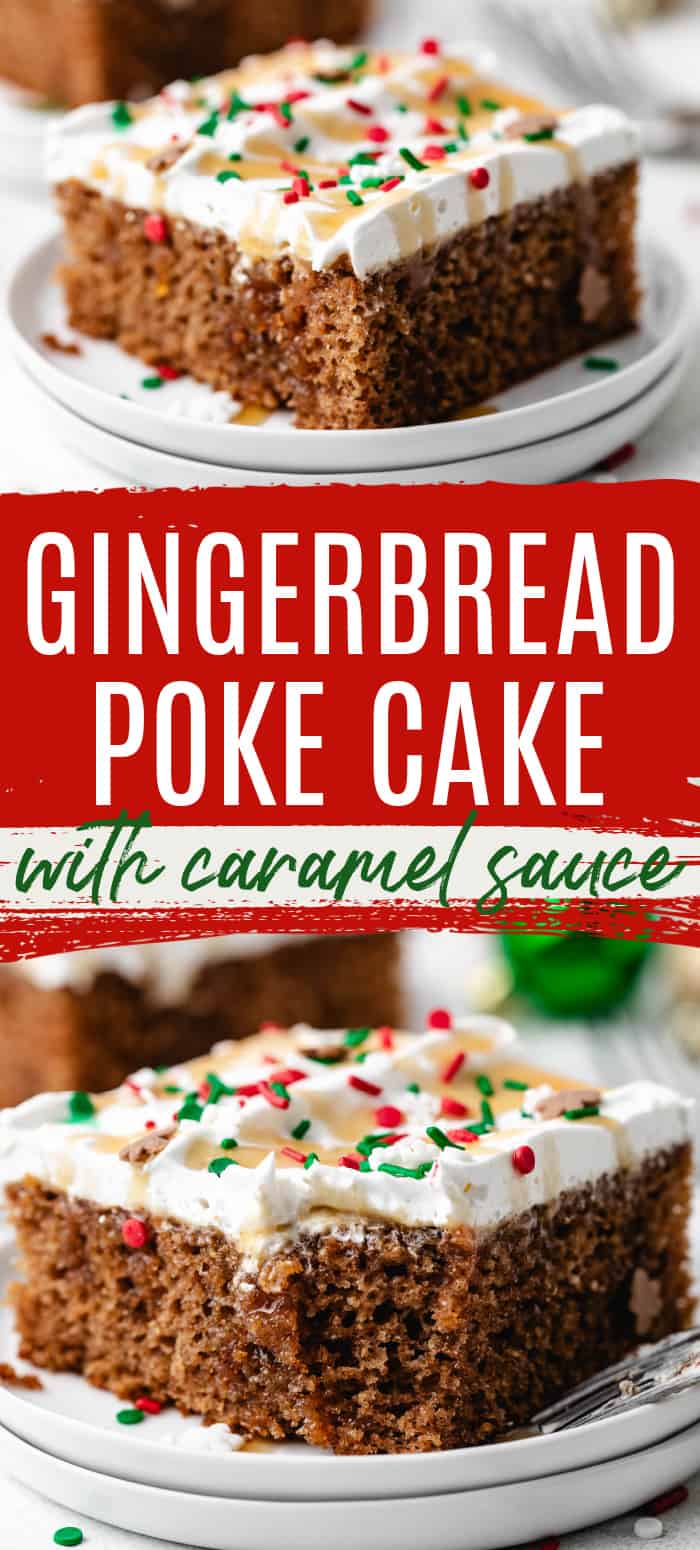 Two pictures of gingerbread poke cake in a collage.