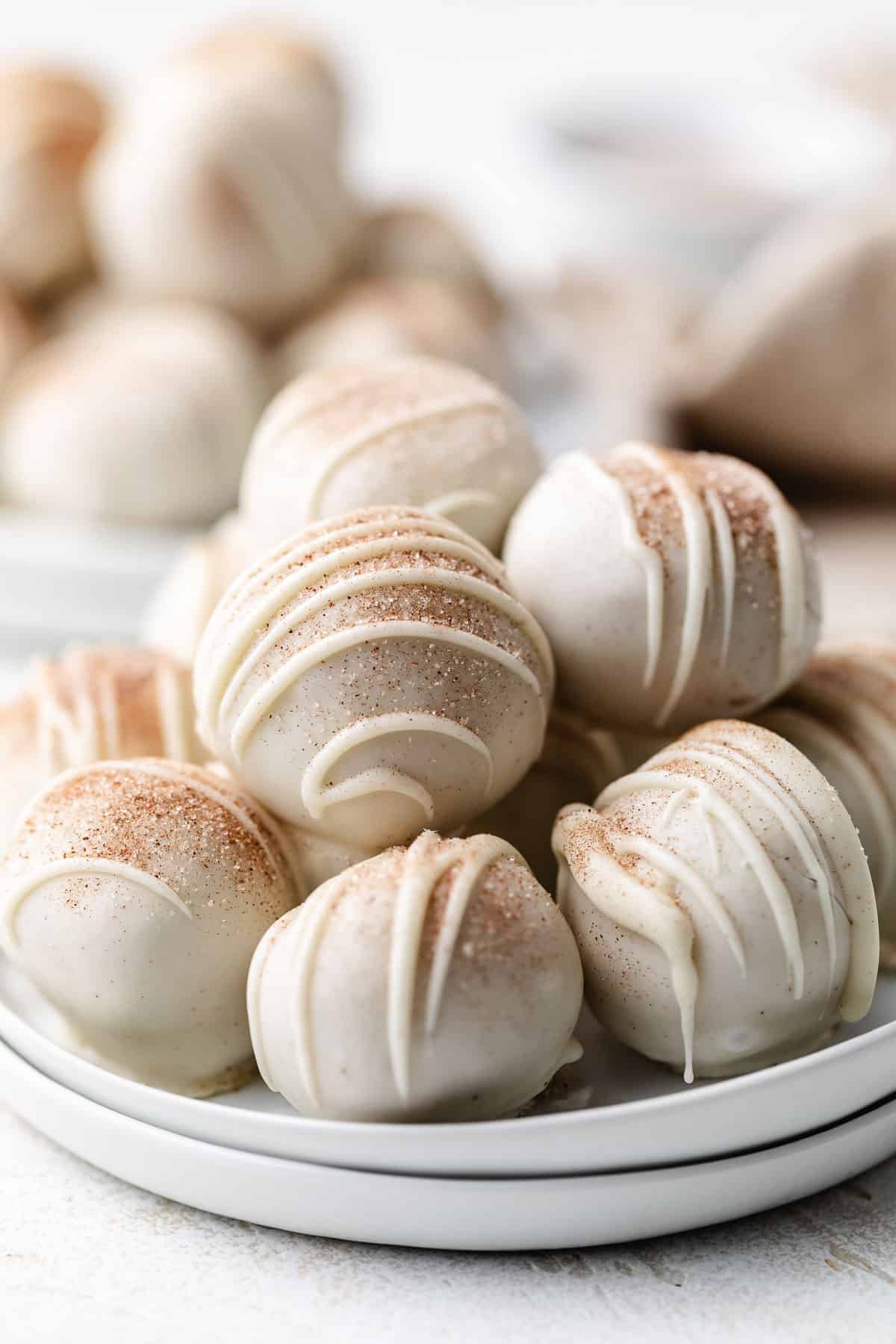 Close up view of snickerdoodle truffles.