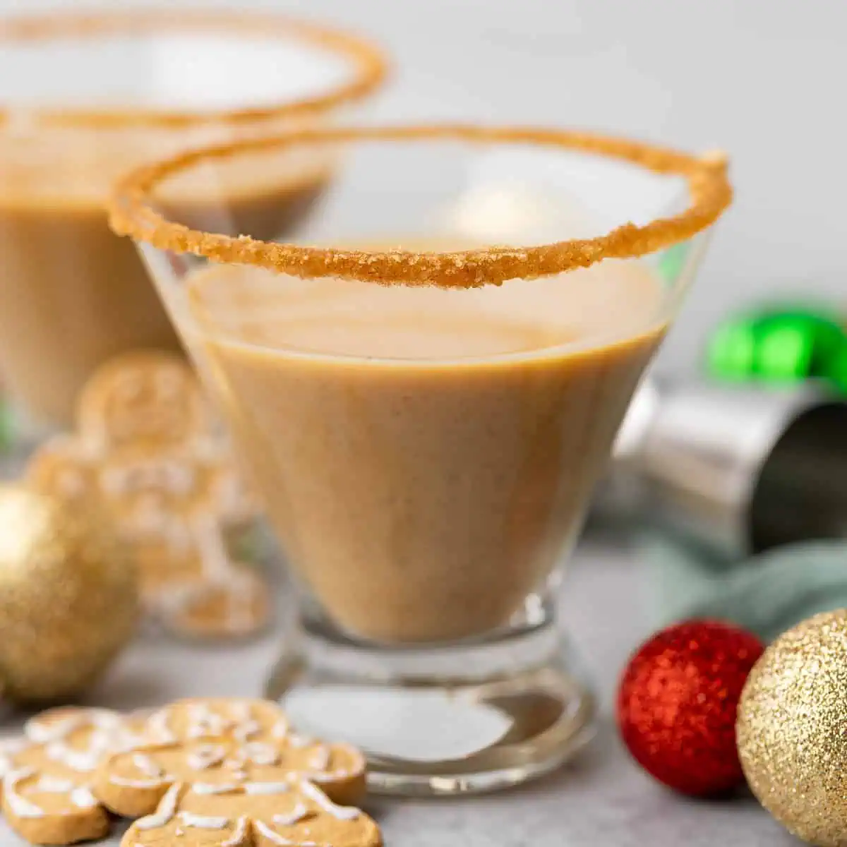 Close up view of a holiday cocktail in a glass.