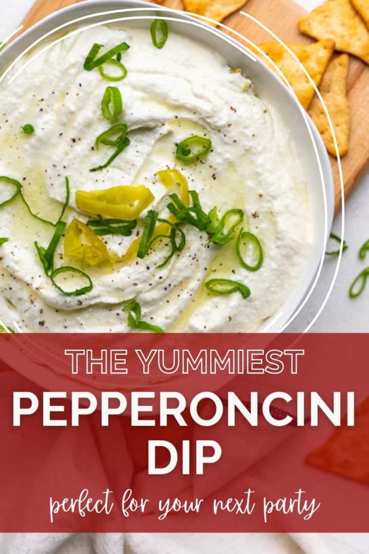 Bowl of dip with black pepper, onions, and pepperoncini.