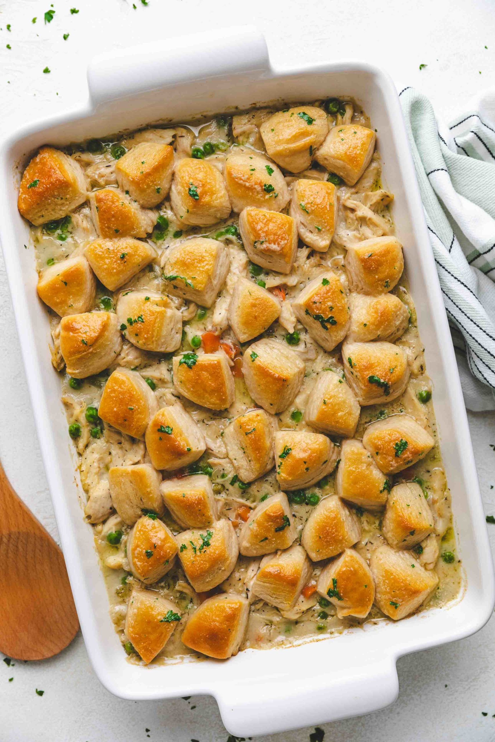 Top down view of chicken casserole with garlic butter biscuits.