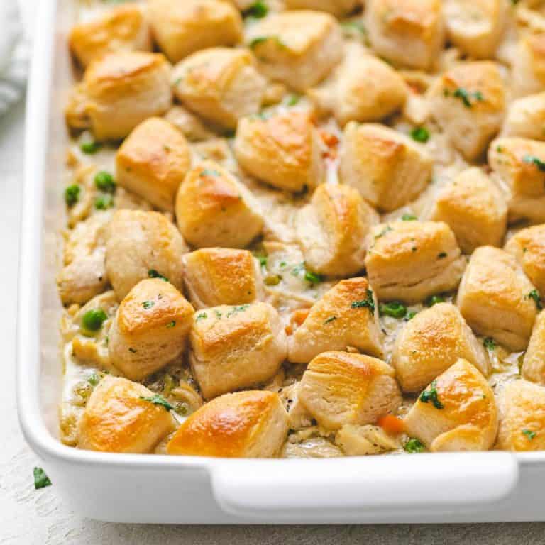 Close up view of chicken pot pie in a casserole dish.