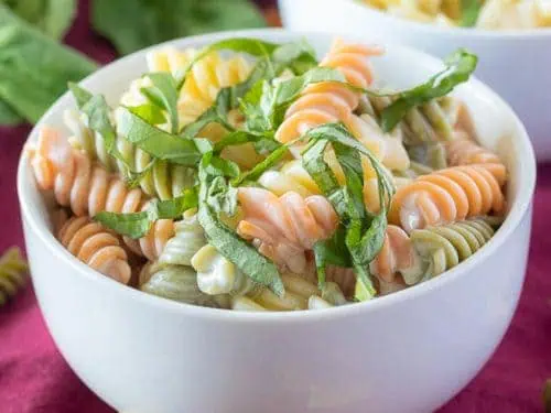 Close up view of a bowl of pasta with lemon cream sauce.