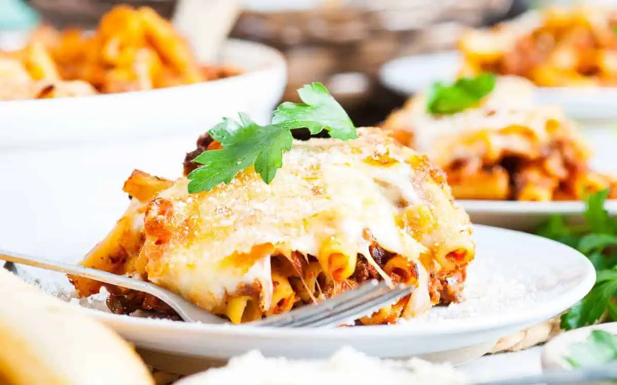 Cheesy baked zit on a plate.