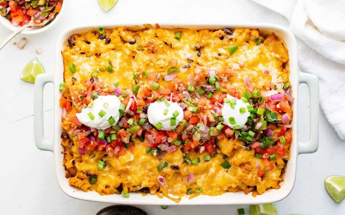 Cheesy fiesta chicken casserole in a dish.
