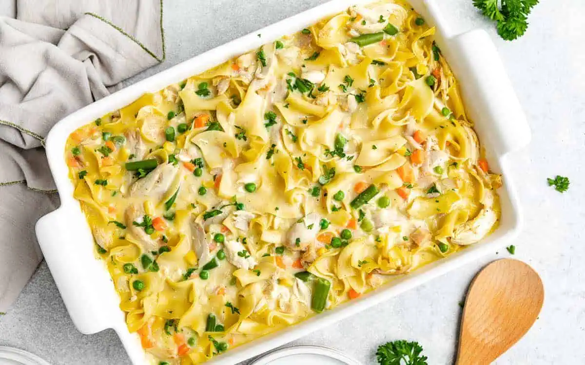 Chicken noodle casserole in a dish.