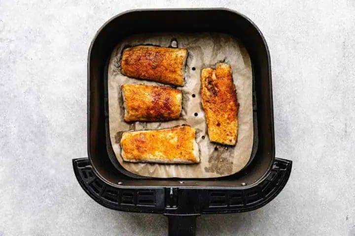 Cooked mahi mahi in an air fryer.